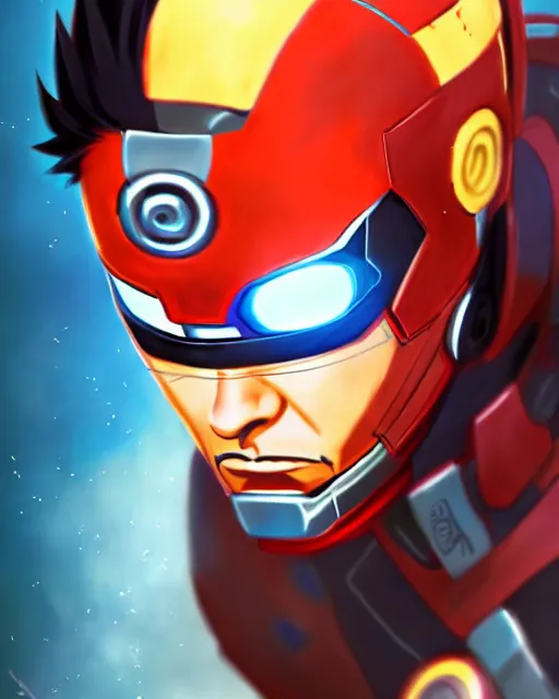 Image similar to tony stark in naruto fighting naruto, medium shot close up, details, sharp focus, illustration, by jordan grimmer and greg rutkowski, trending artstation, pixiv, digital art