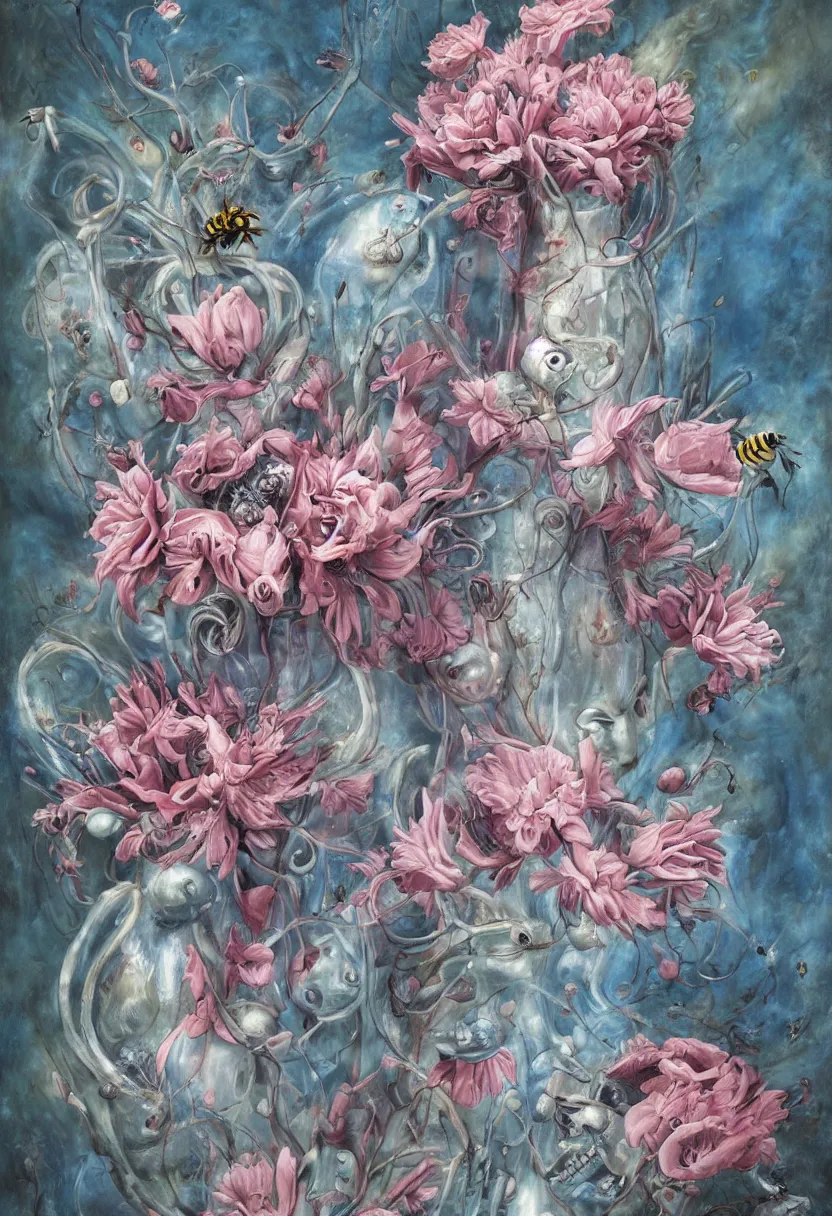 Image similar to a biomorphic painting of a vase with flowers and eyeballs in it, a surrealist painting by marco mazzoni, by dorothea tanning, pastel blues and pinks, featured on artstation, metaphysical painting, oil on canvas, fluid acrylic pour art, airbrush art, bees, seapunk, rococo, lovecraftian