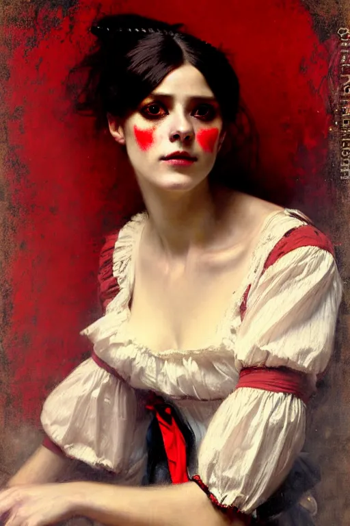 Image similar to solomon joseph solomon and richard schmid and jeremy lipking victorian genre painting portrait painting of a young beautiful woman traditional german french actress model pirate wench in fantasy costume, red background