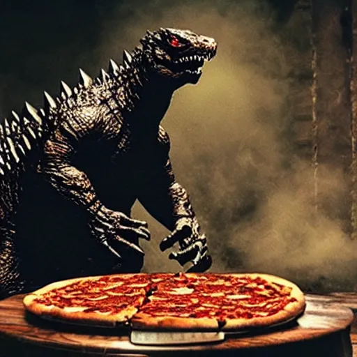 Image similar to godzilla eating pizza in a torture chamber,