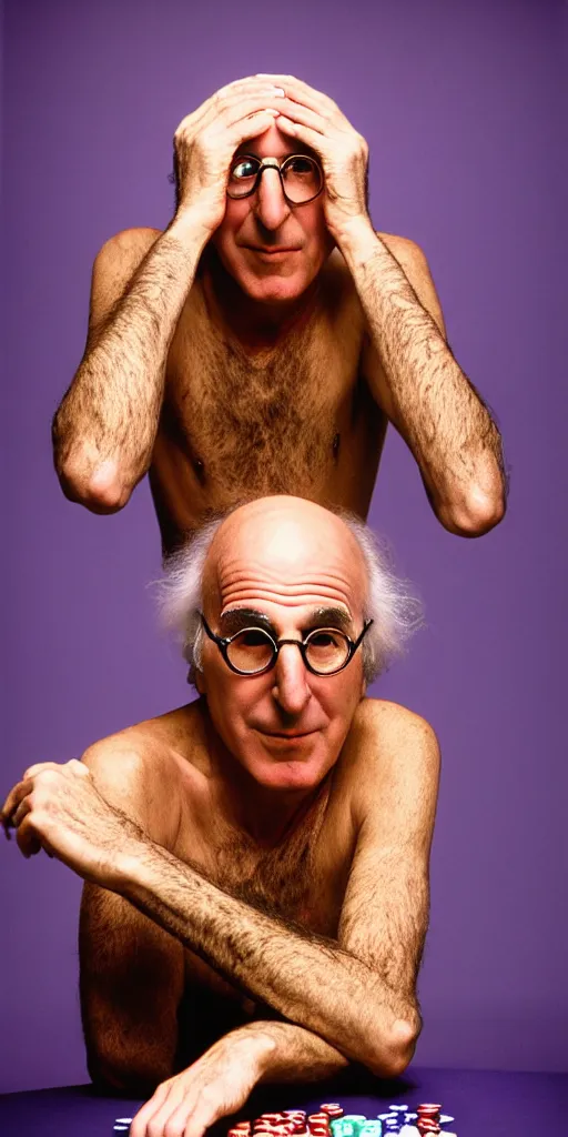 Image similar to award winning photo of larry david playing poker wearing thong, vivid colors, happy, symmetrical face, beautiful eyes, studio lighting, wide shot art by Sally Mann & Arnold Newman