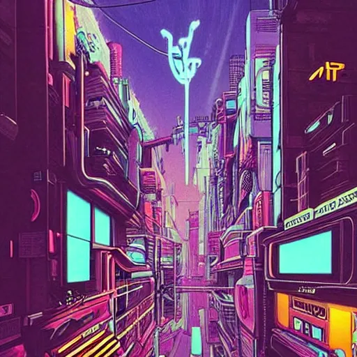 Image similar to astronaut cyberpunk surreal upside down city neon lights moebius