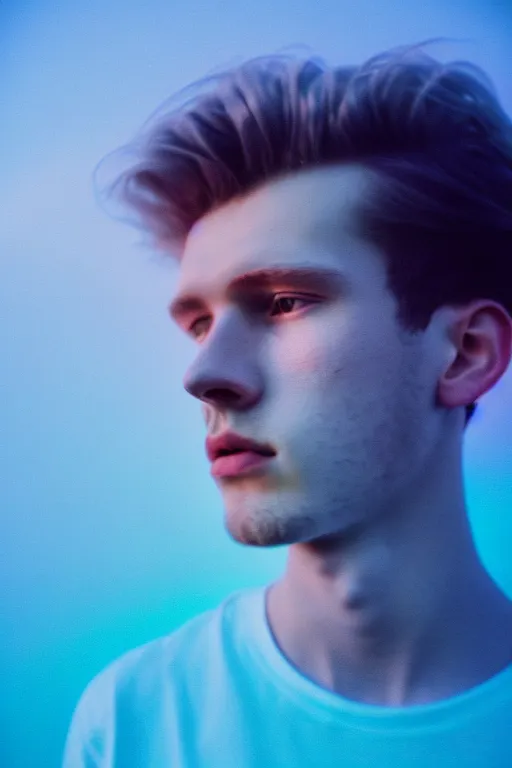 Image similar to high quality pastel coloured film mid angle selfie photograph of a beautiful young 2 0 year old male, soft features, black hair, standing in an icelandic black rock environment. atmospheric. three point light. photographic. art directed. ( pastel colours ). volumetric light. sheen. waves glitch. 8 k. filmic.