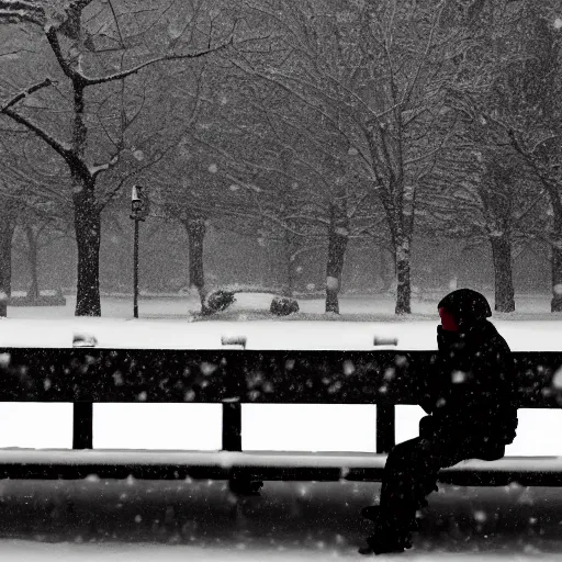 Prompt: Homeless man sleeping on a bench, photograph, snowing