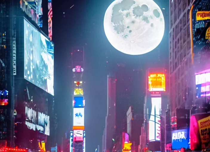 Prompt: film still of the moon shattering into pieces exploding moon over time square in the new disaster, 8 k, night time