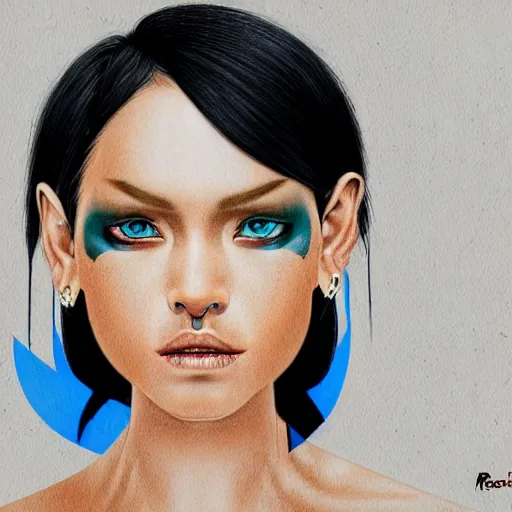 Image similar to illustrated realistic portrait of ram-horned devil woman with blue bob hairstyle and her tan colored skin and with solid black eyes wearing leather by rossdraws