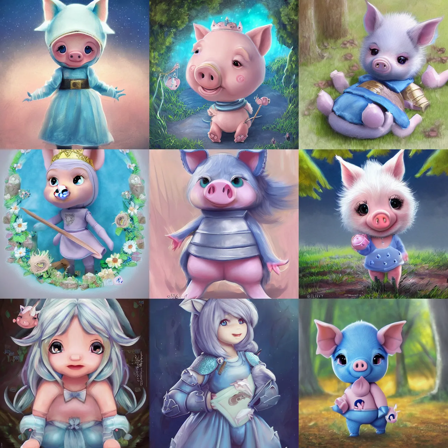 Prompt: very cute and adorable little piggy knight, big beautiful blue eyes, piglet, fantasy forest, pale blue outfit, pretty, semi realistic, hyper detailed, 8k, DeviantArt, Instagram, Behance, Artstation, trending on artstation, Pixiv, Pixiv daily ranking, art of silverfox, Yee Chong Silverfox, Sydney Hanson, Sofya Emelenko, Elina Karimova