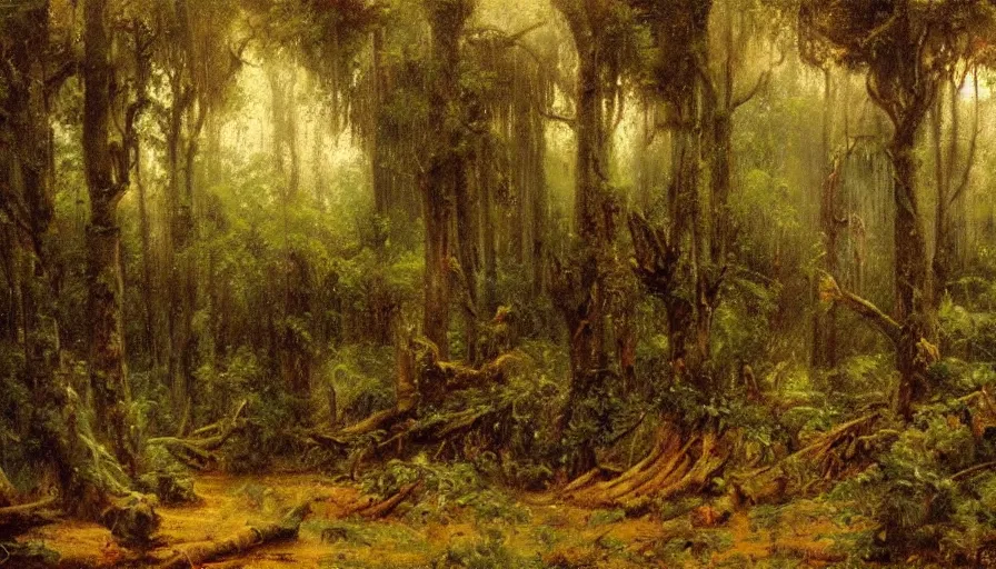 Prompt: forest filled with ruins, heavy rain, in the style of Gaston Bussière