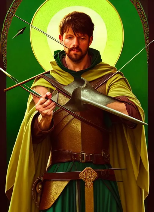 Image similar to symmetry!! portrait of robin hood as a saint in a green medieval suit with a bow and arrows, golden hour, intricate, elegant, highly detailed, digital painting, artstation, concept art, smooth, sharp focus, illustration, art by artgerm and greg rutkowski and alphonse mucha