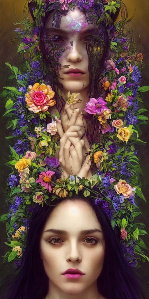 Prompt: dark, eerie, beautiful, young woman, sad eyes, tears running down, vaporwave aesthetic, synthwave, colorful, psychedelic, crown, long gown, flowers, bees, butterflies, ribbons, ornate, intricate, digital painting, artstation, concept art, smooth, sharp focus, illustration, art by artgerm and greg rutkowski and alphonse mucha