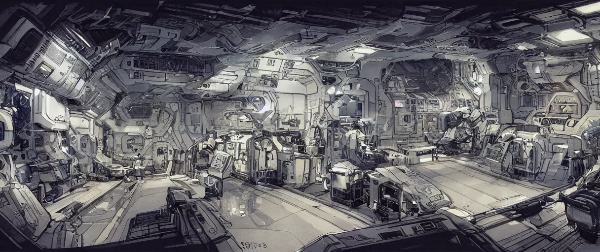 Image similar to concept art for the interior of a space station by kim jung gi