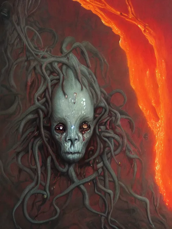 Image similar to wayne barlowe painting of a flying sorrowful looking severed human head, floating head with tears running down it's eyes, face that is chalk white in color, with long white tentacles stemming from it's neck, fiery scorching red eyes, background sprawling terrifying hellish cave with lava flowing through it's walls, 4 k