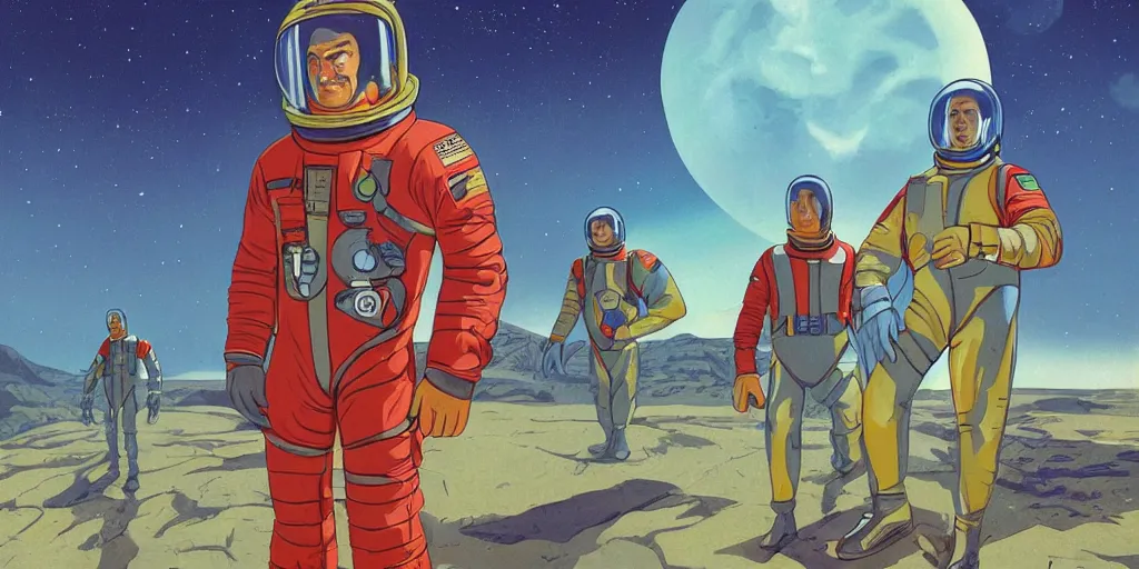 Prompt: a portrait of stallone and van damm pilots in spacesuit on roof over field forrest spaceship station landing laying lake artillery outer worlds in FANTASTIC PLANET La planète sauvage animation by René Laloux