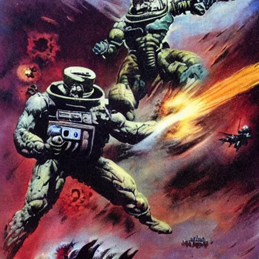 Image similar to visitors from outer space attack earth, the great fight, by Frank Frazetta