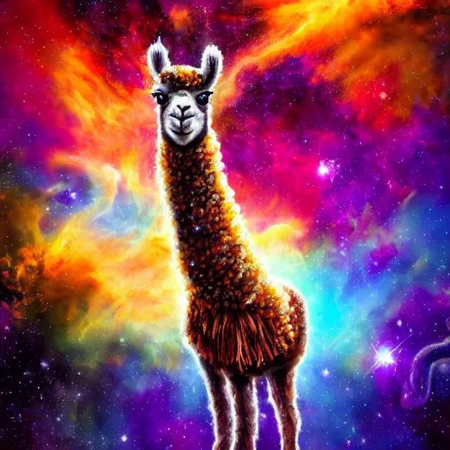 Image similar to llama with dreadlocks, depicted as an explosion of a nebula, 4 k, hyperrealistic painting