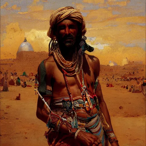 Prompt: tuareg man in traditional clothes, gaston bussiere, tom bagshaw