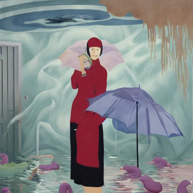 Image similar to tall female emo artist in her flooded apartment, water gushing from ceiling, painting of flood waters inside an artist's home, a river flooding indoors, pomegranates, pigs, ikebana, zen, water, octopus, river, rapids, waterfall, black swans, canoe, berries, acrylic on canvas, surrealist, by magritte and monet