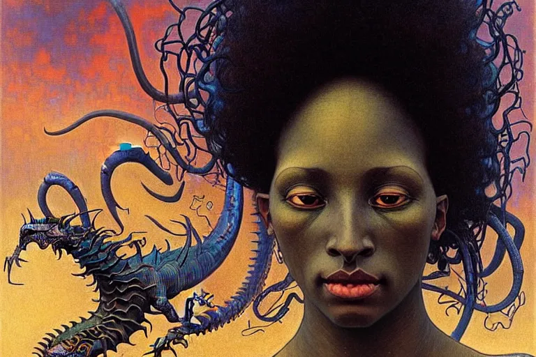 Image similar to realistic extremely detailed closeup portrait painting of a beautiful black woman, mutant dragon and a single old house on background by Jean Delville, Amano, Yves Tanguy, Ilya Repin, Alphonse Mucha, Ernst Haeckel, Edward Robert Hughes, Roger Dean, heavy metal 1981, rich moody colours