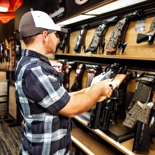 Prompt: a bear in a trucker hat and flannel vest browsing pistol options in a gun shop