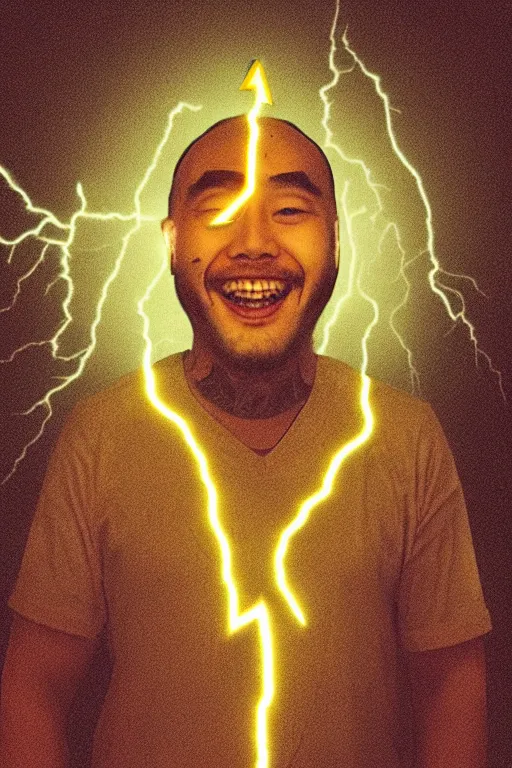 Image similar to portrait of asian hacker grinning with gold teeth and a lightning bolt face tattoo