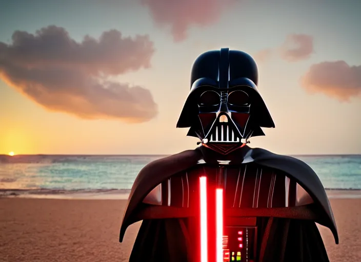 Prompt: symmetry!! closeup!!! symmetrical - face!! darth vader relaxing on a beach in jamaica during sunset with a cocktail, cinematic lighting, sunset, 8 k - resolution!!, hyperrealism, national geographic, award winning, artstation, unreal engine 5, octane, redshift