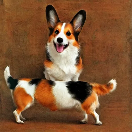 Image similar to happy corgi dog, renaissance art style