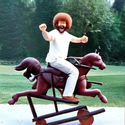 Image similar to bob ross screaming while riding on a rocking horse