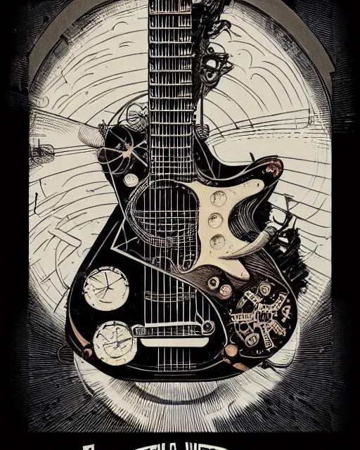 Image similar to a majestic steampunk alchemists guitar leaning on an guitar amp, two point perspective, furniture, high details, bold line art, by vincent di fate and joe fenton, inking, etching, screen print, masterpiece, trending on artstation, sharp, high contrast, hyper - detailed,, hd, 4 k, 8 k