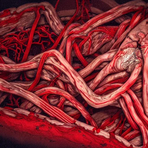 Prompt: a deeply-red gory structure of intertwined decaying muscles, eyes, and intestines lying in a pool of clotting blood, slowly engulfing its surroundings with twitching veins and bloody intestines, dark hazy room, a high-quality photo, hyperrealistic, in color