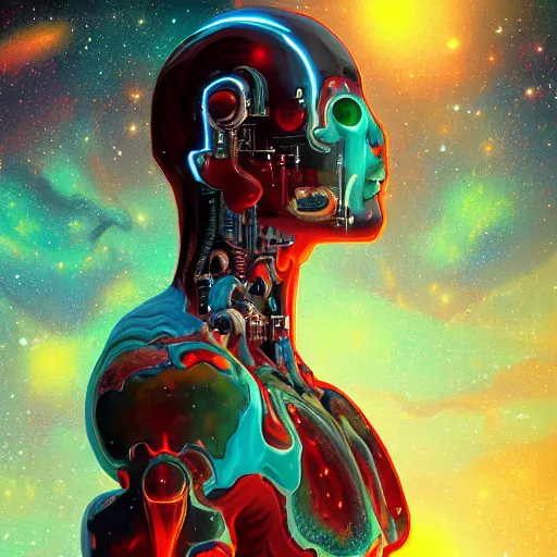 Prompt: cyborg art pondering existence life meaning surreal nebula, extremely detailed, trending on artstation