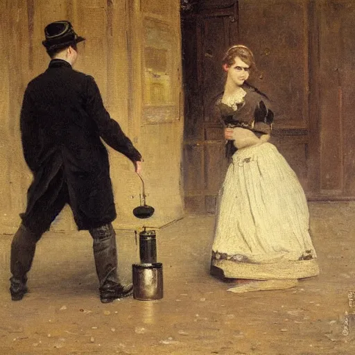 Image similar to young victorian man and woman diffusing a bomb, painted by alfred stevens