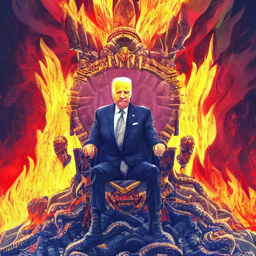 Image similar to Joe Biden sitting on a throne of skulls surrounded by fire, digital painting, highly detailed, trending on Artstation