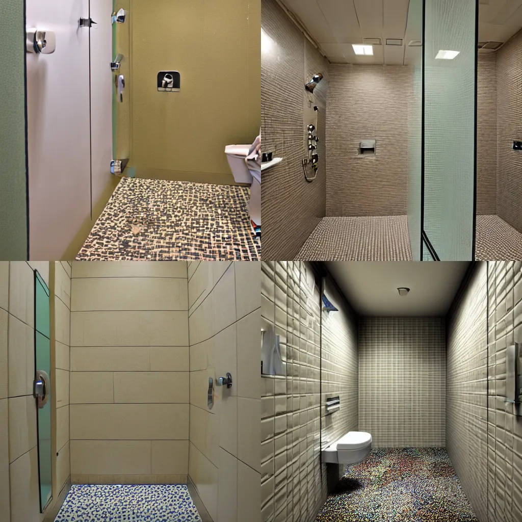 Prompt: carpeted public bathroom shower with saturation, award - winning photograph