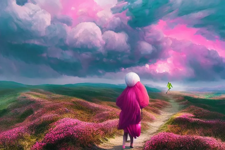 Image similar to giant dahlia flower on - head, girl walking on mountain, surreal photography, pink storm clouds, dramatic light, impressionist painting, digital painting, artstation, simon stalenhag