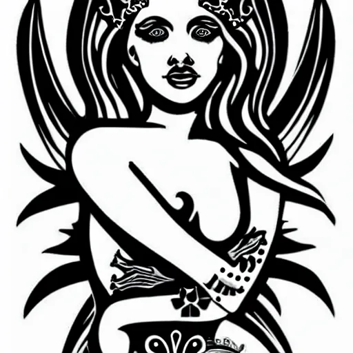 Image similar to new school black and white tattoo design of a female siren wearing a crown, full body, highly detailed