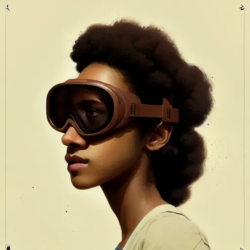 Image similar to Beautiful woman wearing opaque goggles profile picture by Greg Rutkowski, brown skin, long afro hair, asymmetrical, studio ghibli, Organic Painting , Matte Painting, geometric shapes, hard edges, street art, trending on the artstation, fantasy LUT, realistic by Sachin Teng,