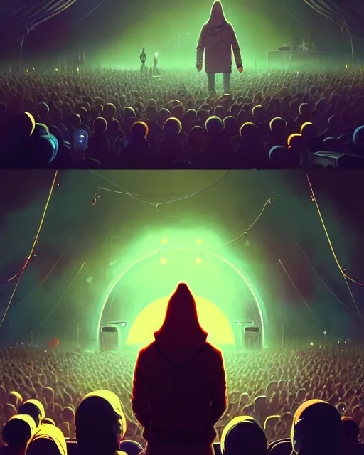 Image similar to tomorrowland, hyper - realistic portrait of a man in a hoodie, on the stage of a music festival, intricate, 4 k, by atey ghailan, by greg rutkowski, by greg tocchini, by james gilleard, by joe fenton, by kaethe butcher, dynamic lighting, lighting color scheme, sharp focus, grunge aesthetic