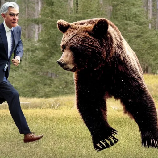 Image similar to Jerome Powell running from a bear