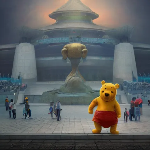 Image similar to screaming winnie the pooh having a tantrum in front of 5 9 式 at tiananman square, dystopian, highly detailed, photorealistic, octane render, 8 k, unreal engine. art by artgerm and greg rutkowski and alphonse mucha