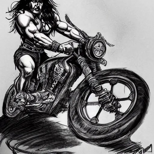 Image similar to concept art conan the barbarian riding a harley davidson
