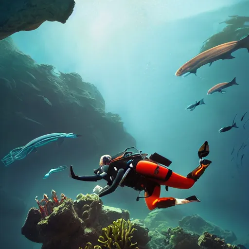 Prompt: scuba diver underwater, beautiful dynamic lighting, cinematic, wide angle establishing shot, extremely high detail, photo realistic, cinematic lighting, post processed, concept art, artstation, matte painting, style by frederic church, raphael lacoste, unreal engine 8k