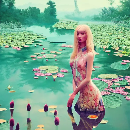 Prompt: pretty model with water lilies : : by martine johanna and simon stalenhag and chie yoshii and casey weldon and wlop : : ornate, dynamic, particulate, rich colors, intricate, elegant, highly detailed, vogue, harper's bazaar art, fashion magazine, smooth, sharp focus, 8 k, octane render