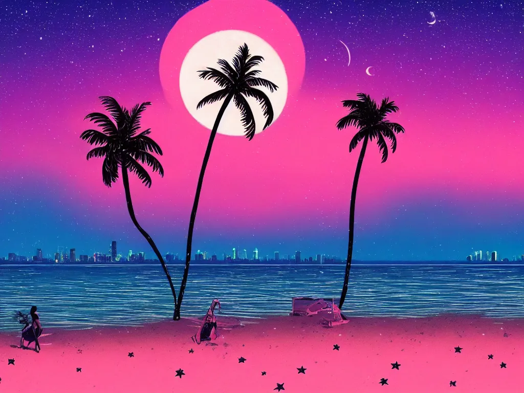 Prompt: night on a summer miami beach, city on the background, palm trees, footprints in the sand, full moon reflected in the calm ocean, starry sky, 8 k, ultra detailed, trending on artstation, digital painting, synthwave and retrowave style, pink color scheme