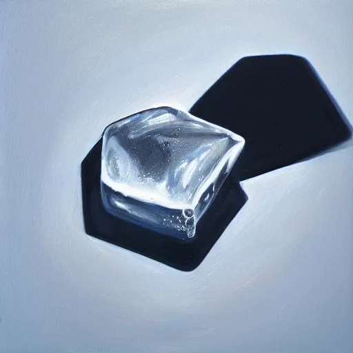 Image similar to realistic painting of an ice cube beginning to melt next to a lime wedge, black background