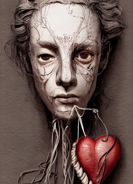 Image similar to portrait, A wooden puppet, strings attached to a floating anatomical heart, watercolor, dramatic lighting, cinematic, establishing shot, extremely high detail, foto realistic, cinematic lighting, pen and ink, intricate line drawings, by Yoshitaka Amano, Ruan Jia, Kentaro Miura, Artgerm, post processed, concept art, artstation, matte painting, style by eddie mendoza, raphael lacoste, alex ross