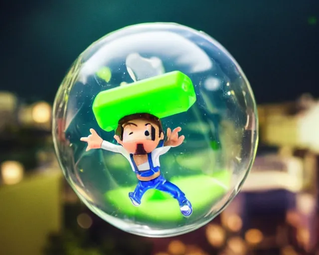 Image similar to filthy gamer floating gently down from the sky in a plastic wrapped bubble. aerial footage. he is wearing a gameboy on his hands.