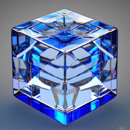 Image similar to transparent blue crystal cube inside half transparent seven color perfectly geometric ball, hyper realistic, max qualiry, octane render