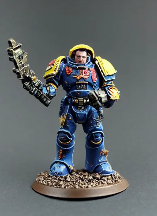 Prompt: 8 0 mm resin detailed miniature of a warhammer 4 0 k space marine, elon musk, no helmet, angry, product introduction photos, 4 k, full body,