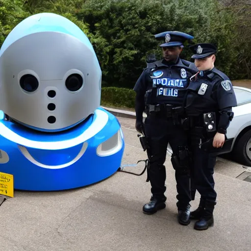 Prompt: robotic police unit shaped like an anthropomorphic rabbit, standing next to a parked futuristic police car