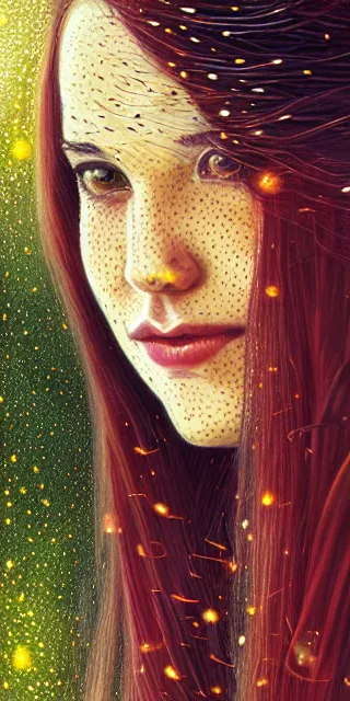 Image similar to infp young woman, smiling amazed, golden fireflies lights, sitting in the midst of nature fully covered, long loose red hair, intricate linework, green eyes, small nose with freckles, oval shape face, realistic, expressive emotions, dramatic lights mystical scene, hyper realistic ultrafine art by michael cheval, jessica rossier, boris vallejo, artgerm